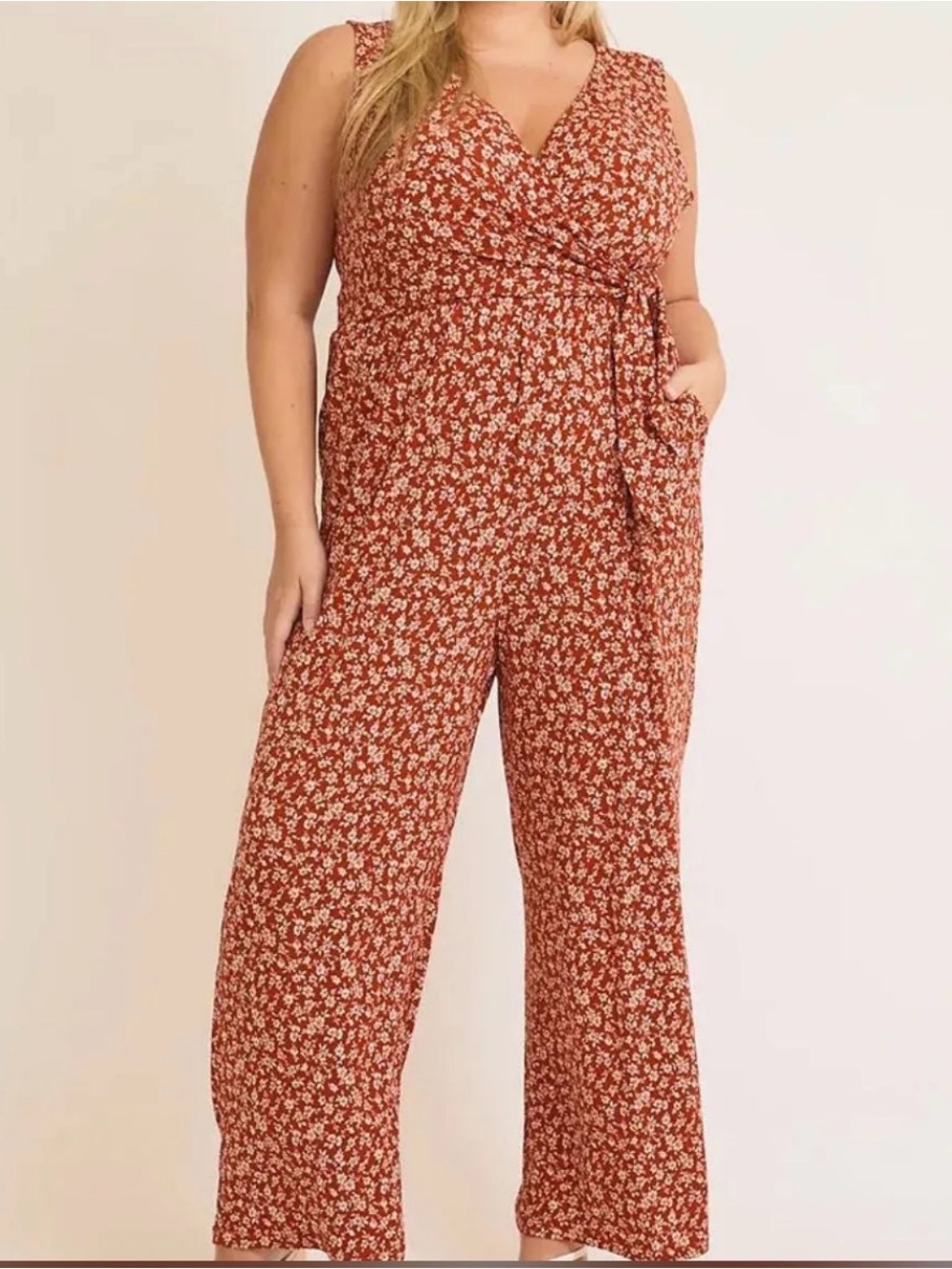 Gilli Rust Floral Faux Wrap Wide‑Leg Jumpsuit – Plus 1X 2X 3X